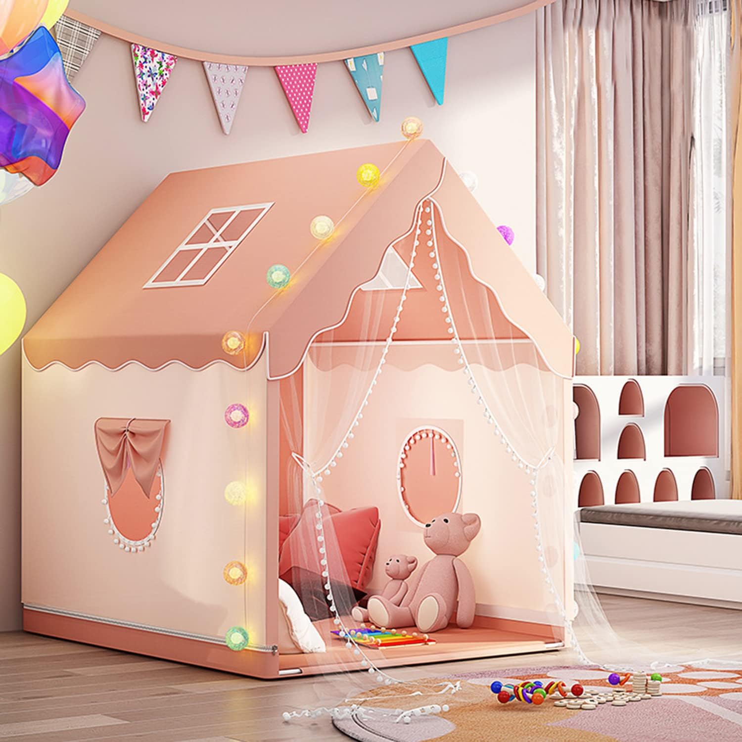 Kids Tent,Play Tent Playhouse for Kids Princess Castle Tent Gift Toys for Girl Boy Play House with Lights and Colour Flags for Toddler Children Indoor & Outdoor (Reading Tent & Playroom)