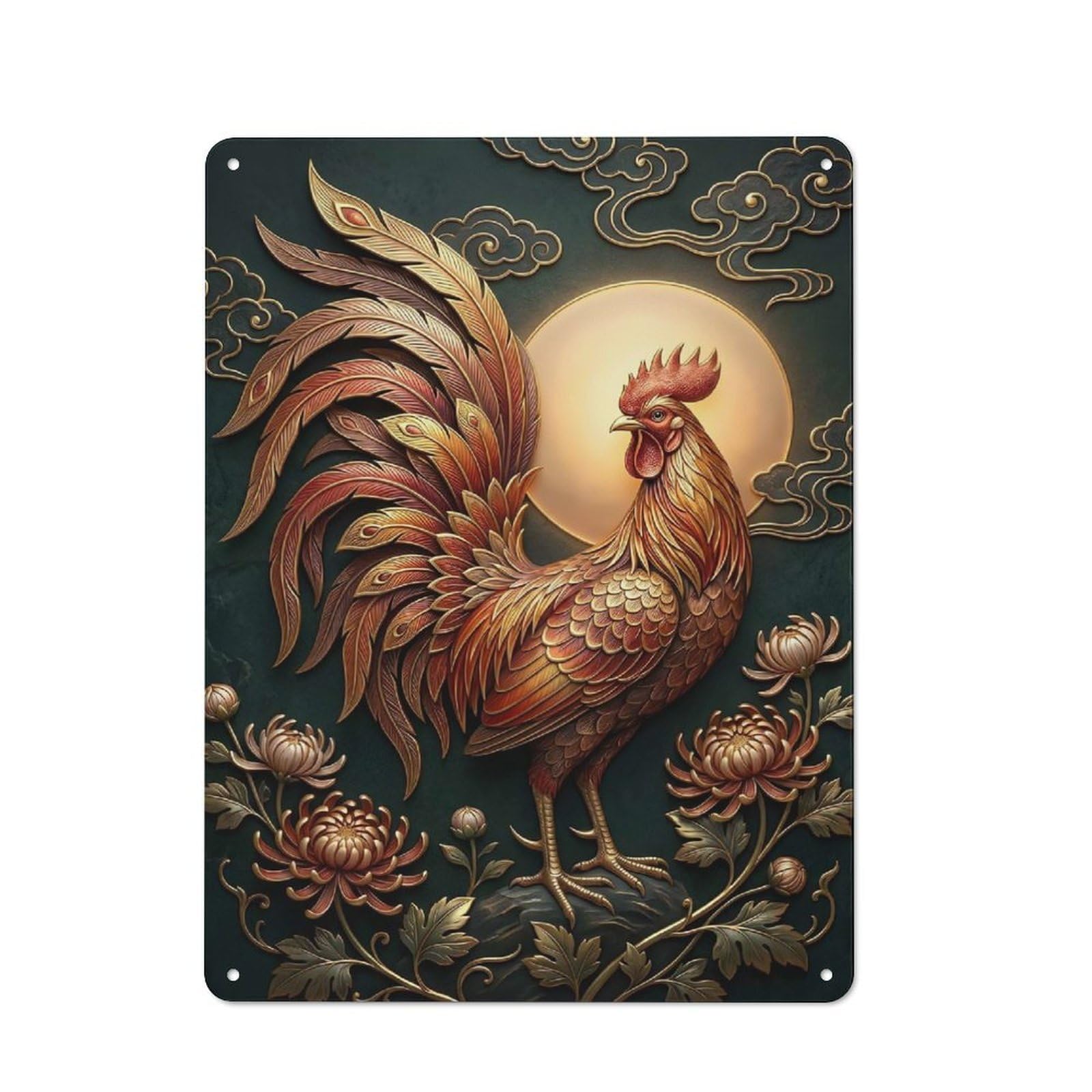 Junmoney Style-21 Golden Rooster With Moon And Flowers Vintage Metal Plaque 40X30cm For Living Room Wall, Suited To Living Room Decor Lovers