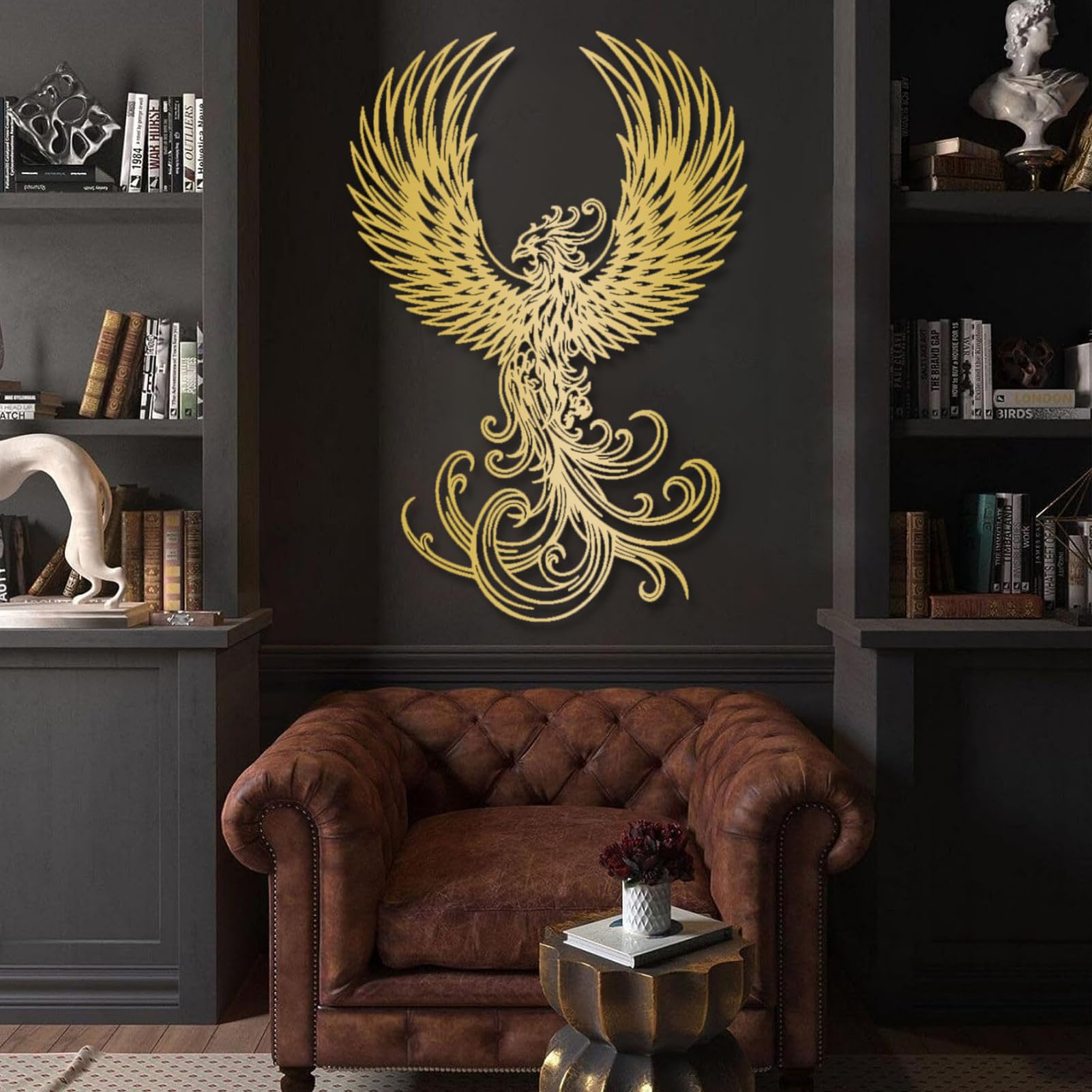 Metalowa sztuka ścienna - dekoracja feniksa, feniks, duży feniks, ptak feniks, ptak boho, mityczny ptak, wiszący salon, sypialnia, prezent na parapetówkę (48 x 70 cm, złoty)