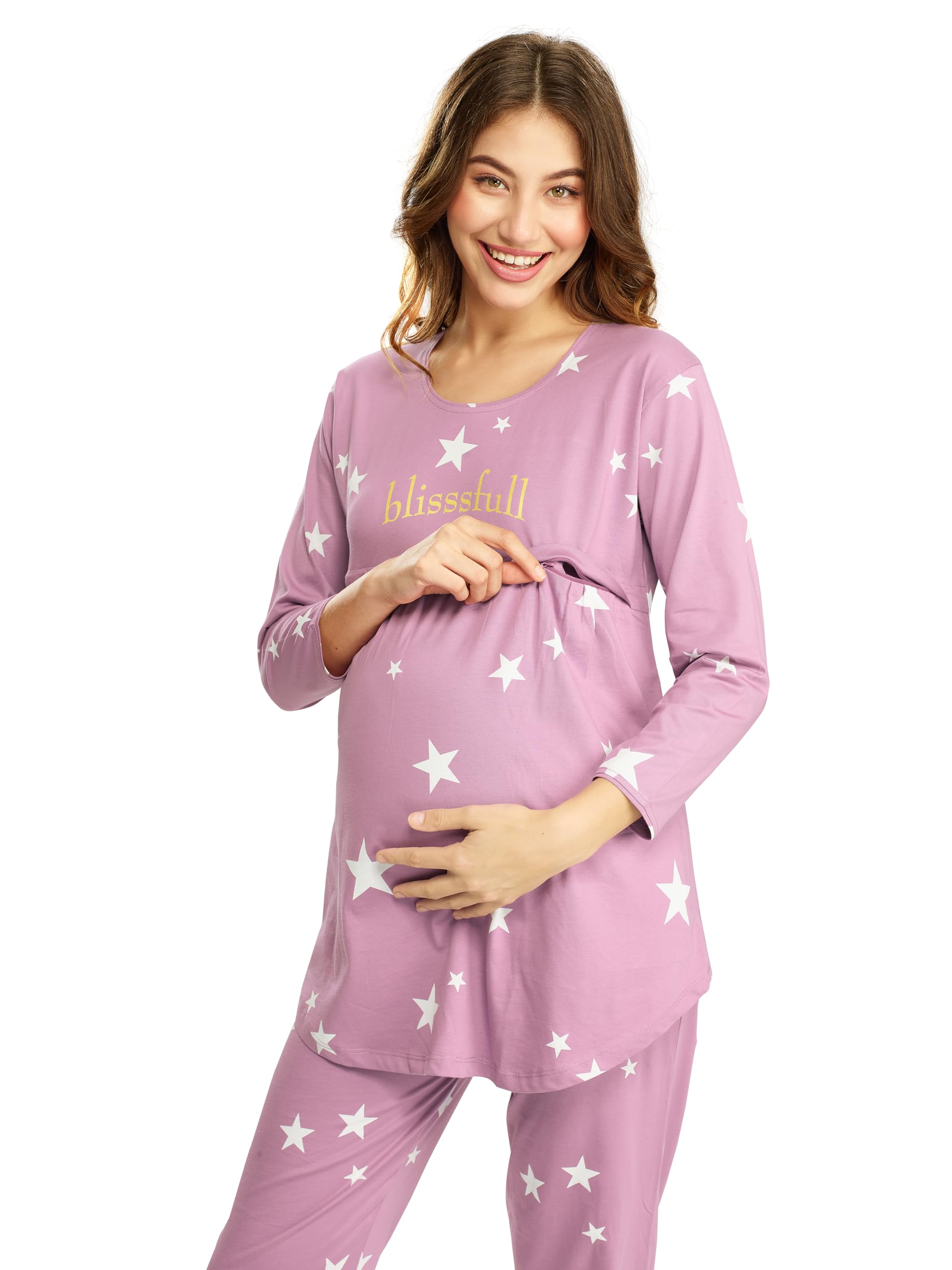LOTIK Women's Cotton Onion Star Print Maternity & Feeding Night Suit Set 1023-Large, Pink - Image 2 thumbnail