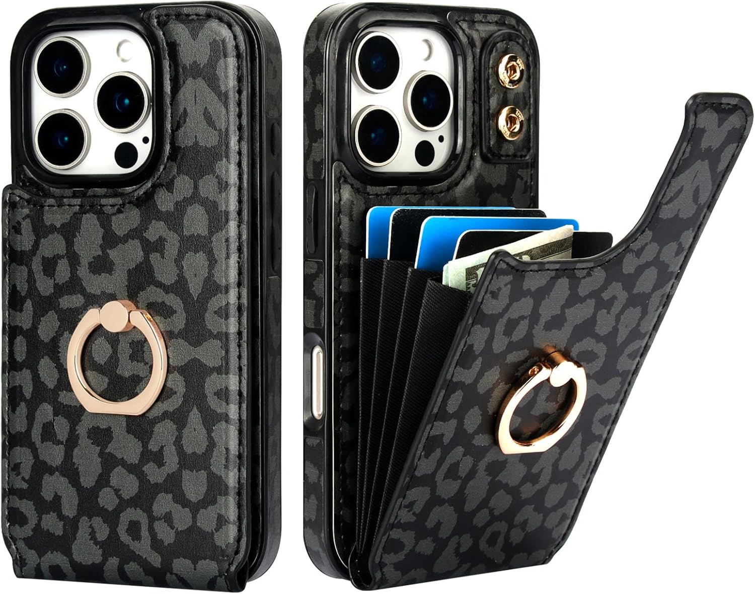 HAOPINSH for iPhone 16 Pro Wallet Case with Card Holder, 360°Rotation Ring Kickstand, White Leopard Pattern, RFID Blocking Leather for Girls Women, Double Buttons Protective Cover 6.3"