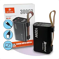 Power Bank 30000 mAh PD 100W Carregador Turbo Ultra Rápido Premium - Carregue notebook Smartphones Antena mini Starlink - Display - Luz LED - Multiplas portas: Entrada/Saída: 2 USB-C + Saída: 2 USB-A