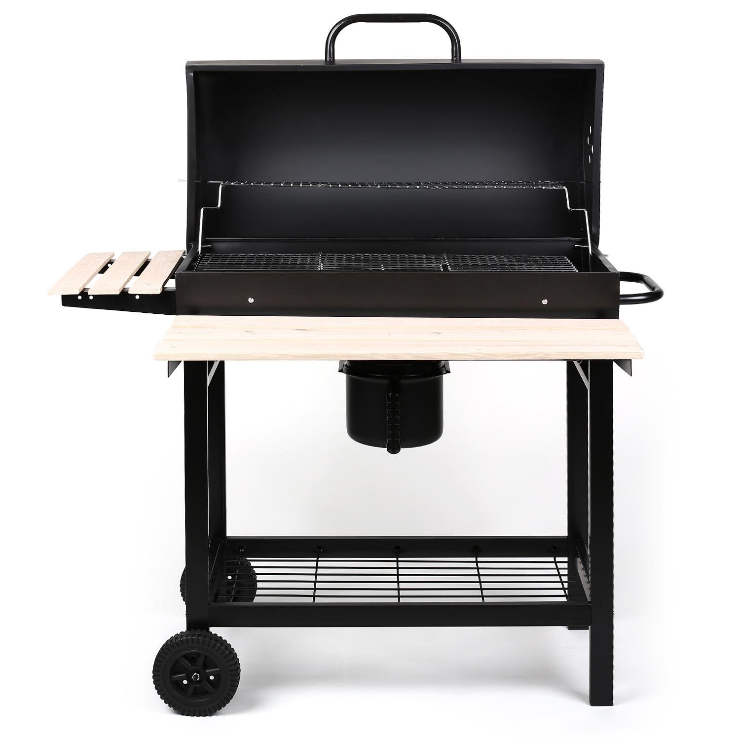 oneConcept Beefbutler - griglia a Carbone, griglia da Giardino, griglia Diretta e indiretta, 2 Ripiani in Legno, 4 Aperture di Ventilazione, Contenitore Rimovibile, Ruote per Trolley, Nero