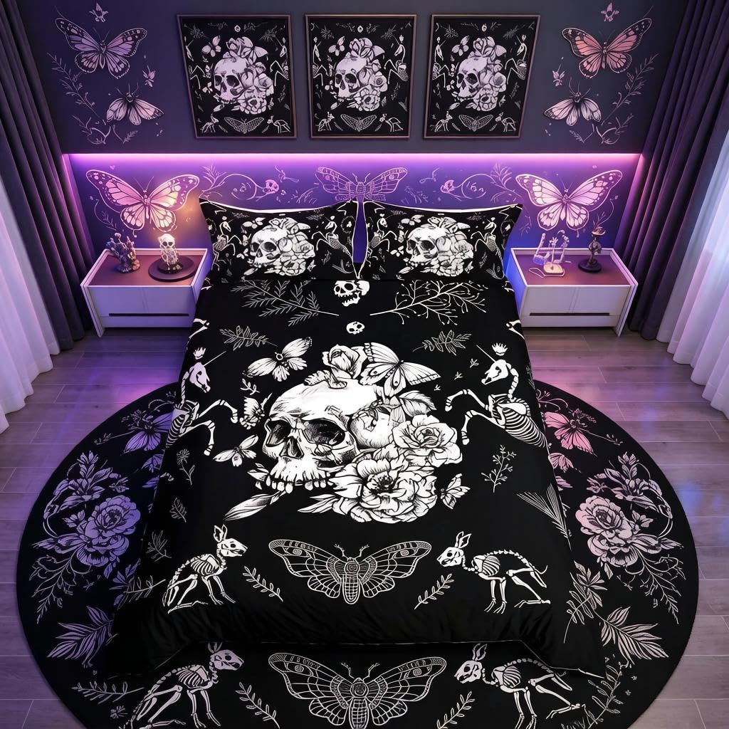 Homemissing Double Skeleton Comforter Cover Set Boy Halloween Moth Skeleton Bedding Set Super Soft Custom Gothic Bone Duvet Cover Unicorn Horse Skeleton Room Decoration — image 1