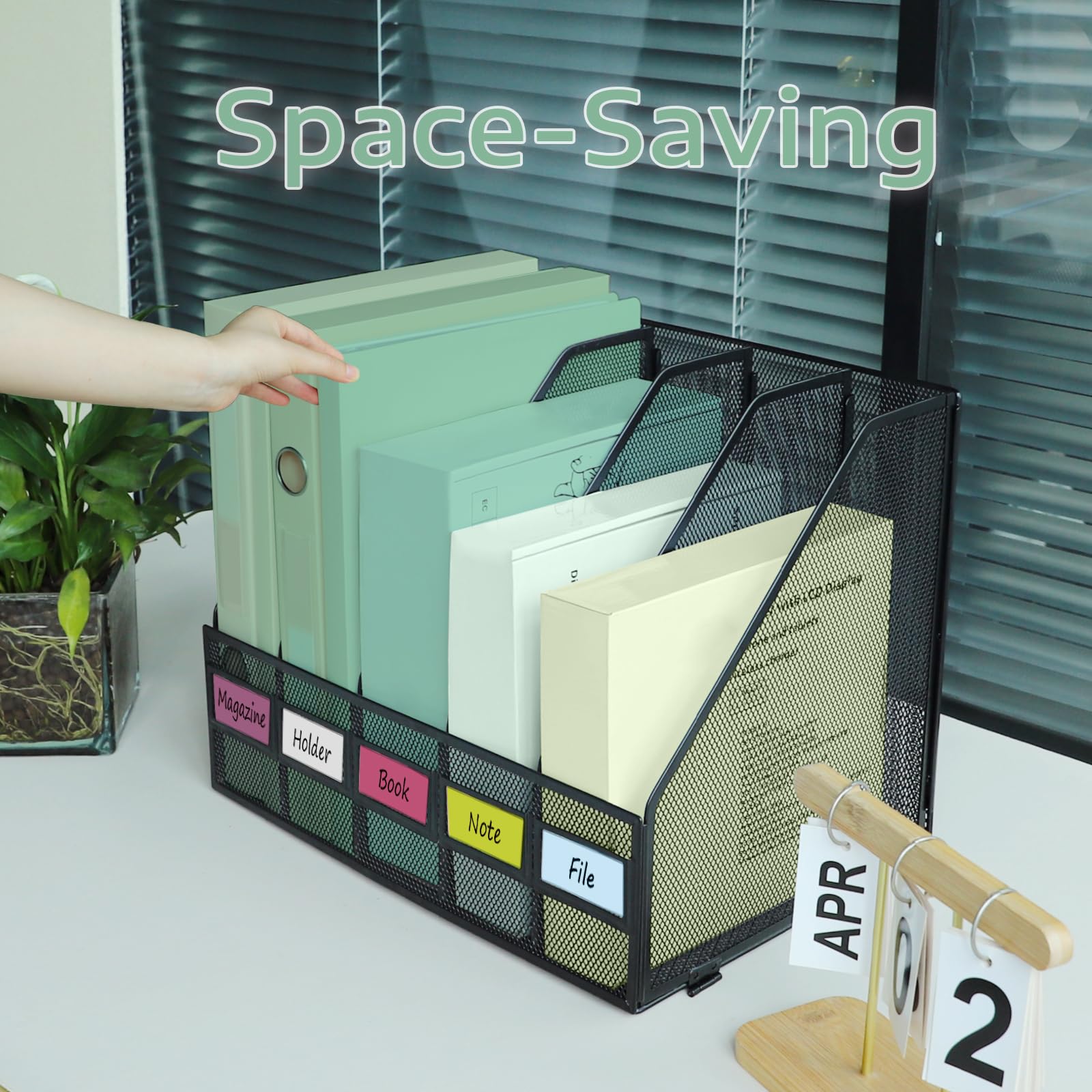 A4 Aktenhalter, faltbares Bücherregal, 5 vertikale Fächer, Zeitschriftensammler, Schreibtisch-Organizer, Dokumentenmappe für Büro, Schule und Zuhause, Schwarz