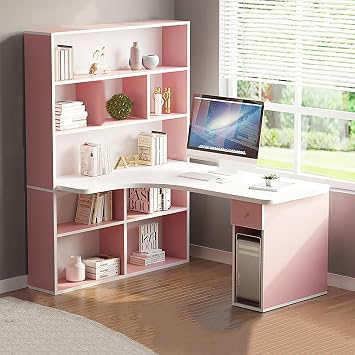 HM&DX L Shaped Desk with Hutch,Modern Wood L-Shaped Corner Desk with Drawers,47 Inch Computer Desk with Storage Shelves,Writing Study Table for Home Office Workstation Furniture