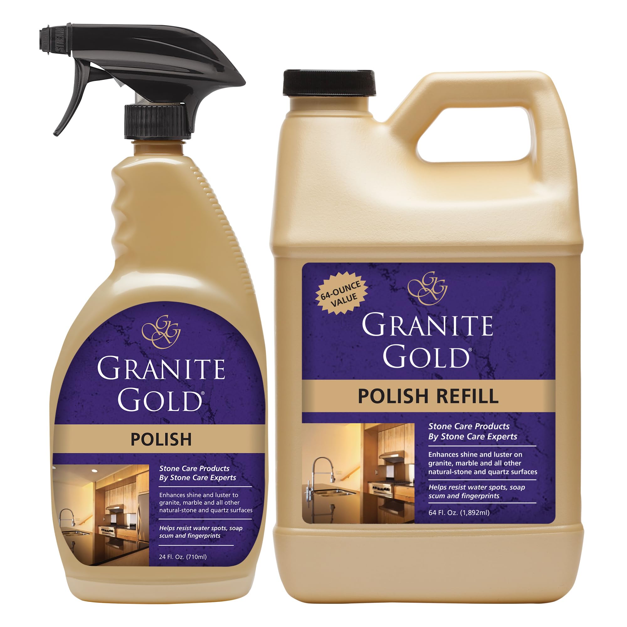 Granite GoldPolish Spray, Streak-Free Shine for Granite, Quartz, Marble, Travertine, Natural Stone Countertops, 64 Fluid Ounces and 24 Fluid Ounces