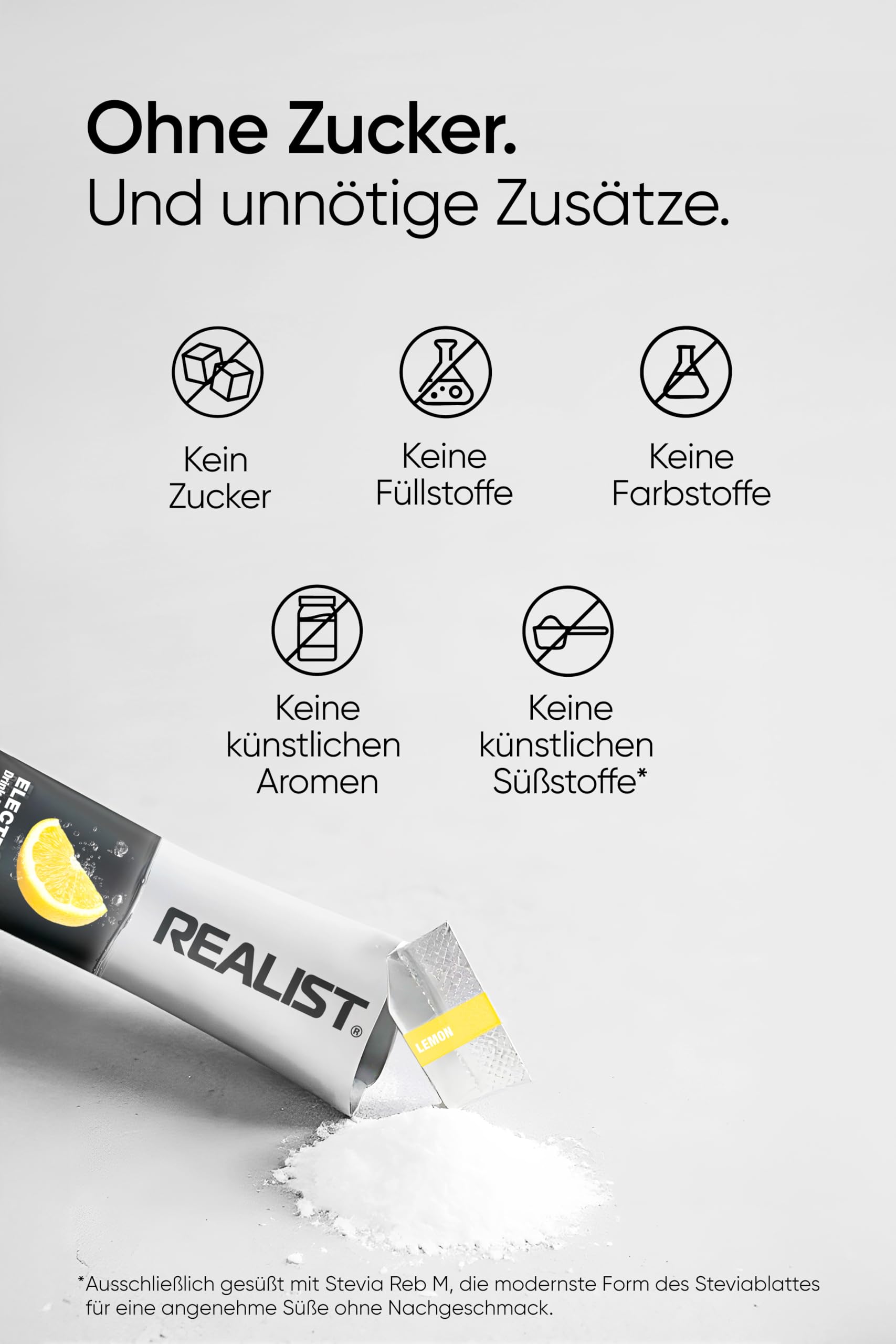 REALIST® Electrolitos sin azúcar – Polvo electrolito con 1000 mg de sodio, 330 mg de potasio y 60 mg de magnesio – Hidratación Rápida – Deportes, KETO, ayuno (30 sobres, paquete de muestra (5