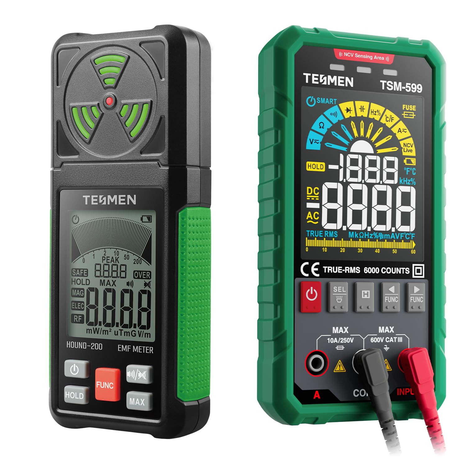 TESMEN TSM-599 Smart Digital Multimeter & Hound-200 EMF Detector, 3-in-1 EMF Radiation Detector with Voltage, Current, Temperature Measurement, and NCV
