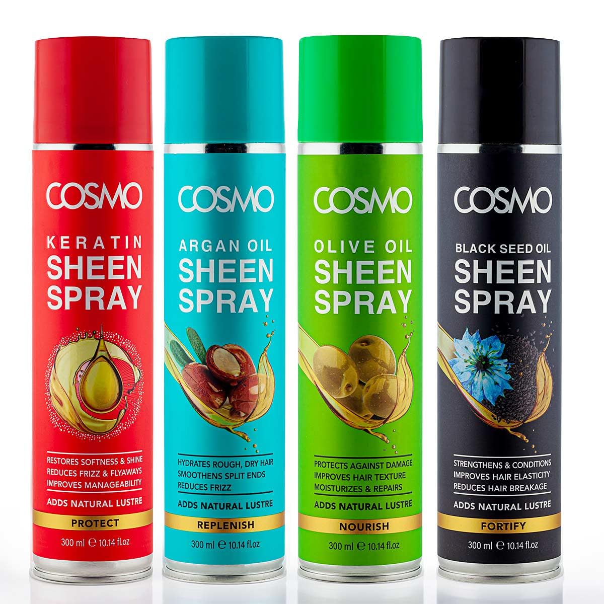 Cosmo Hair Care Instant Shine, Anti Frizz & Nourishing Gloss Kit Pack Of 4 | Keratin, Argan, Olive & Black Seed Oil Hair Spray 300ml | Lightweight & Non Greasy | For Men & Women | For All Hairs Types-image-38