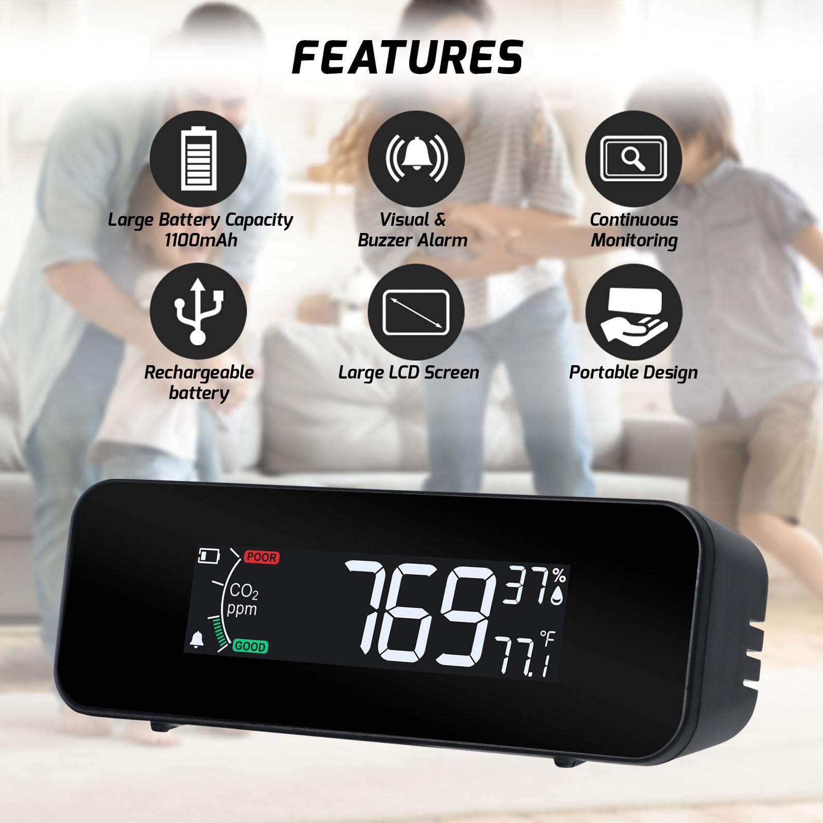 Monitor de CO2 portátil, medidor de CO2, 0 ~ 5000 pppm, detector de dióxido de carbono, mide CO2, temperatura, humedad, calidad del aire, monitor de CO2 con indicador y alarma de zumbador, detector de