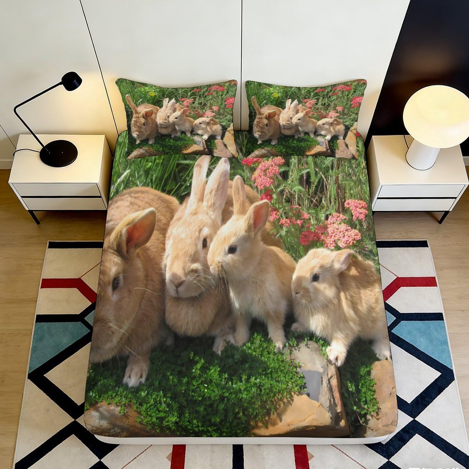 Pnayamiorkfel Style-2 3D Printed Bunny Family Fitted Sheet Microfiber Soft Breathable Rabbit Meadow Bed Cover For Bedroom Guest Room Decor 90X200x25cm