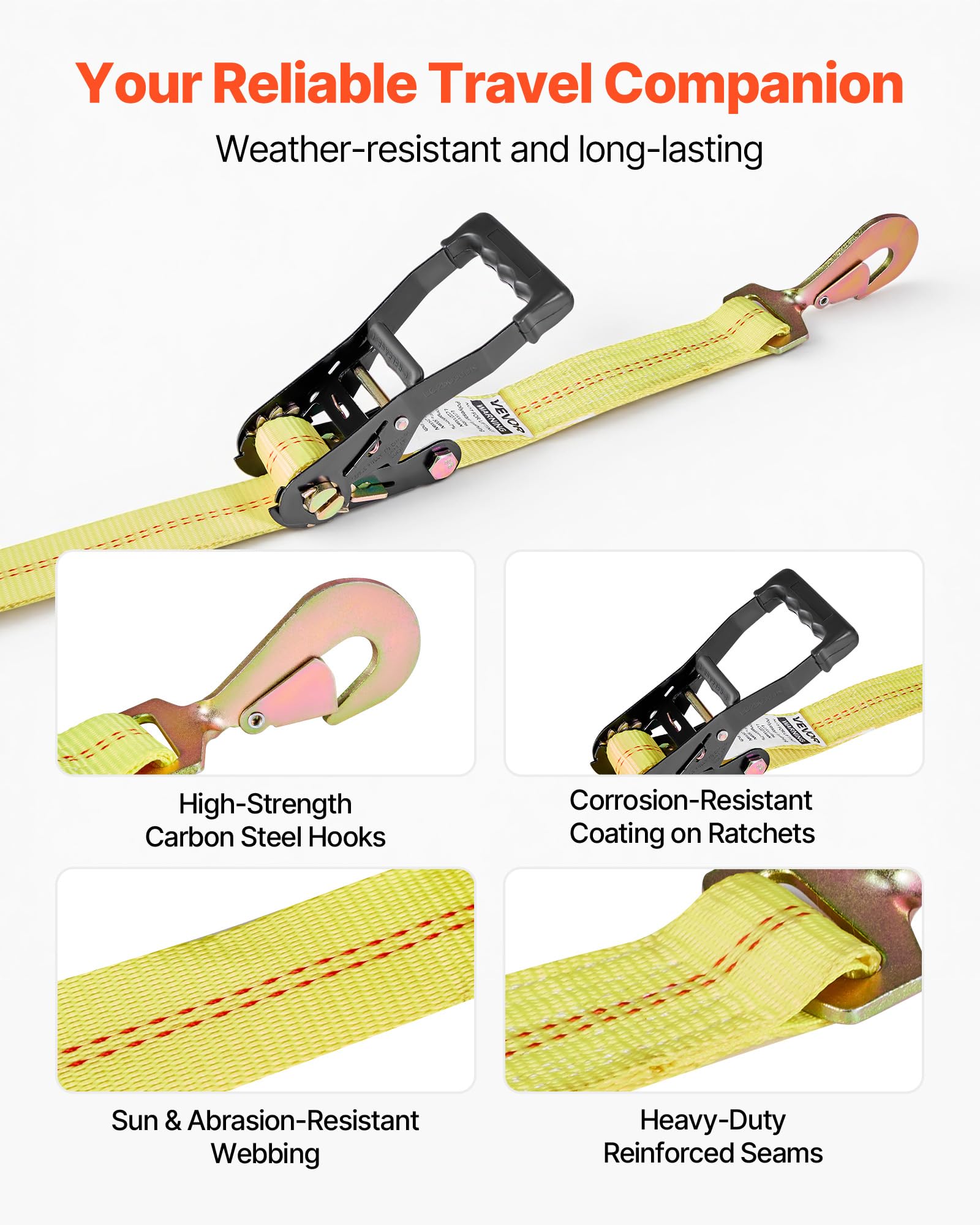 VEVOR Cinghie di Fissaggio per Pneumatici di Rimorchio 50,8 x 2438,4 mm con Gancio a Molla e Resistenza alla Trazione di 4540 kg e Capacità di Carico di 1512 kg, per SUV, Rimorchi, Giallo
