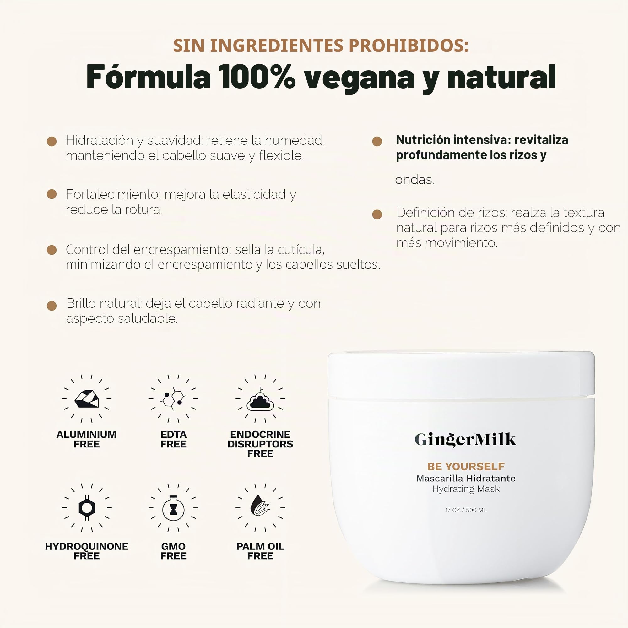 Ginger Milk Rutina Capilar para Rizos Be Yourself, Kit Curly con Shampoo, Mascarilla, Leave-In, Gel Definidor y Aceite para Pelo Rizado y Ondulado