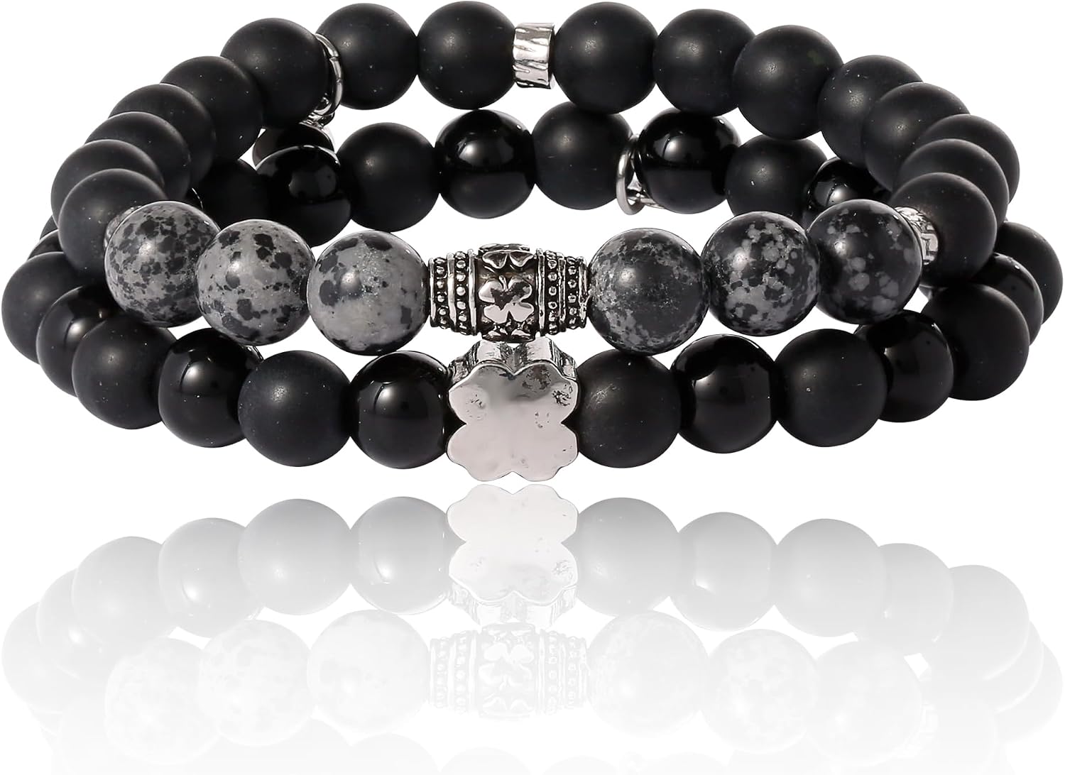 Lucky Brand Mens Beaded Black Bracelet 2 Pieces, Stretch Mens Bracelets Beads 8mm Black Onyx and Green Malachite