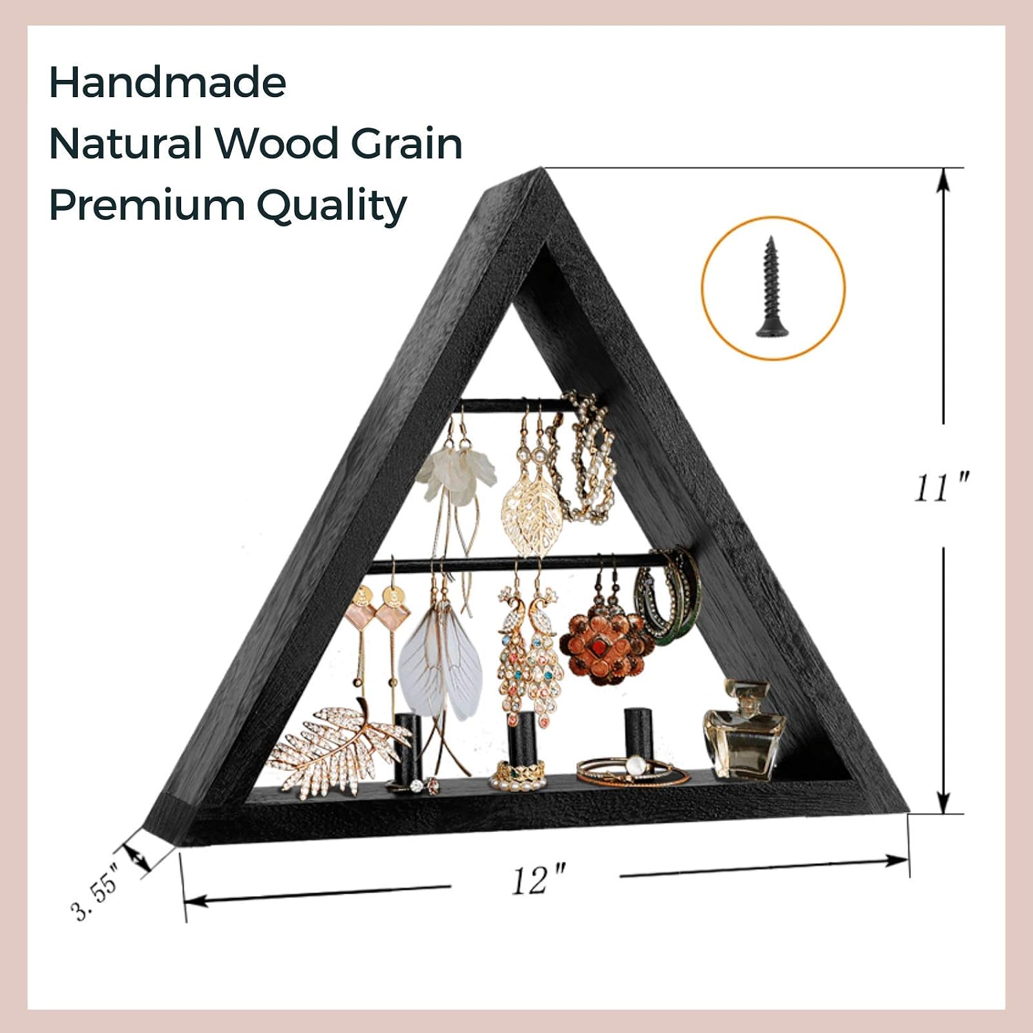 Jewelry-Organizer Wall-Mounted, Rustic Hanging Earring Holder - Stylish Triangle Wooden Jewelry Display with Hooks for Rings, Earrings, Necklace and Accessories
