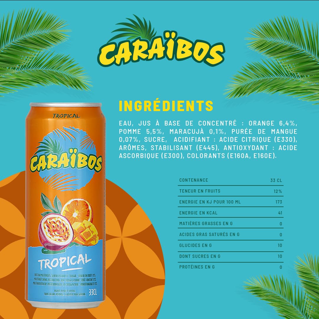 Caraïbos Boisson Saveur Tropical, Canette 33cl, Lot de 24