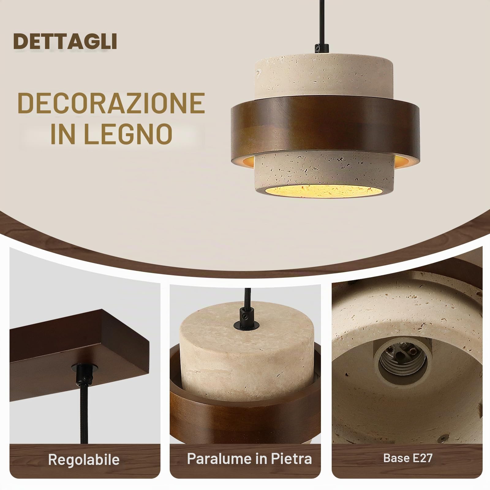 Lampadario Sospensione LED 3 Teste Stile Giapponese Wabi sabi Travertino Giallo Altezza Regolabile Lampadari Sospensione in Legno Lampadario Moderno per Soggiorno Cucina sala da pranzo Anello Legno