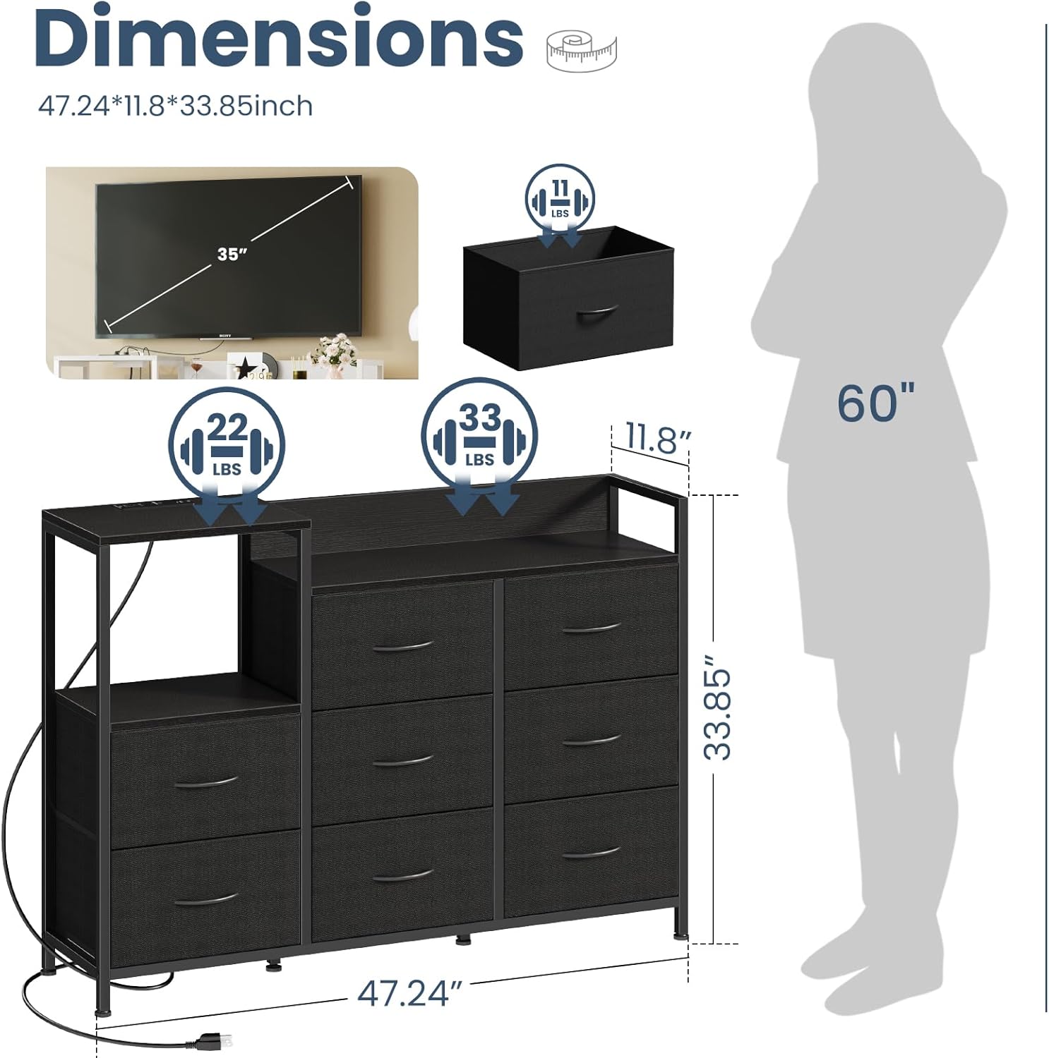 DUMOS TV Stand Dresser with 8 Fabric Drawers & Open Shelves, TV Stand for Up to 45 inch TV with Wooden Top, Entertainment Center with Charging Station for Living Room, Hallway, Black