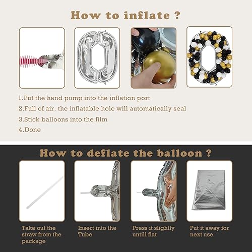 Miniatura 4 de Globo gigante de 65 pulgadas del 0 al 9, globos plateados de aluminio de 4 dígitos y globo de látex dorado y negro de 5 pulgadas para cumpleaños,