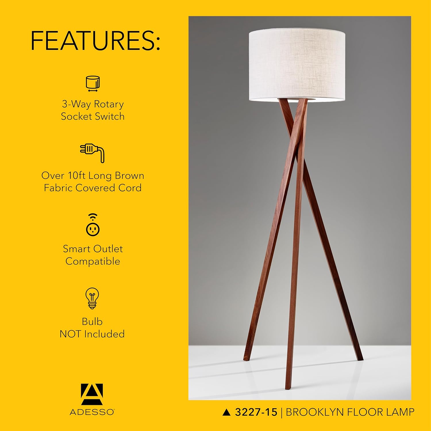 Adesso Floor Lamp with Walnut Tripod Base and White Linen Lampshade – Lamp for Bedroom, Living Room, and House Décor, 63” x 20”