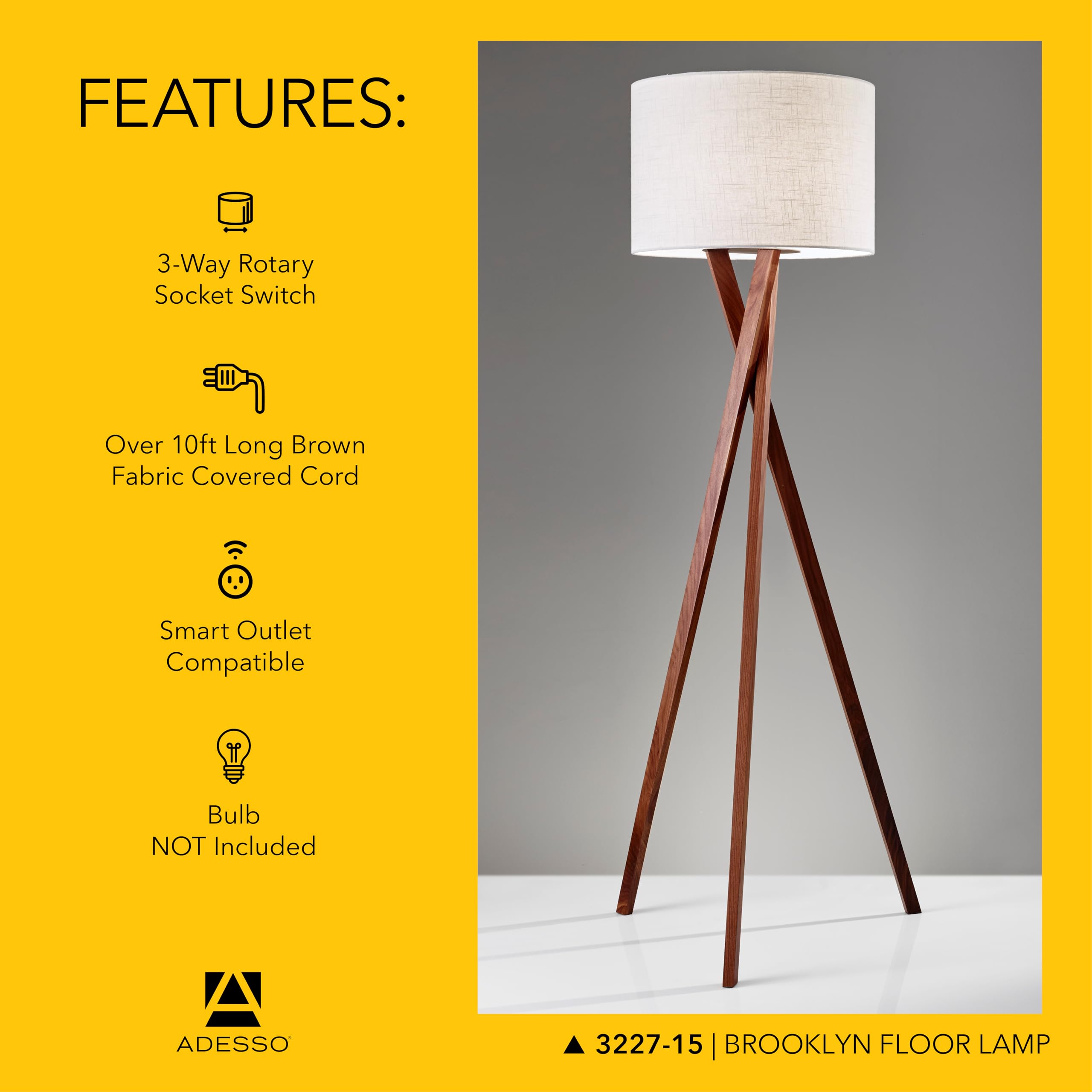 Condition photo showing New/Like New for adesso floor lamp with walnut tripod base and white linen lampshade – lamp for bedroom, living room, and house décor, 63” x 20”