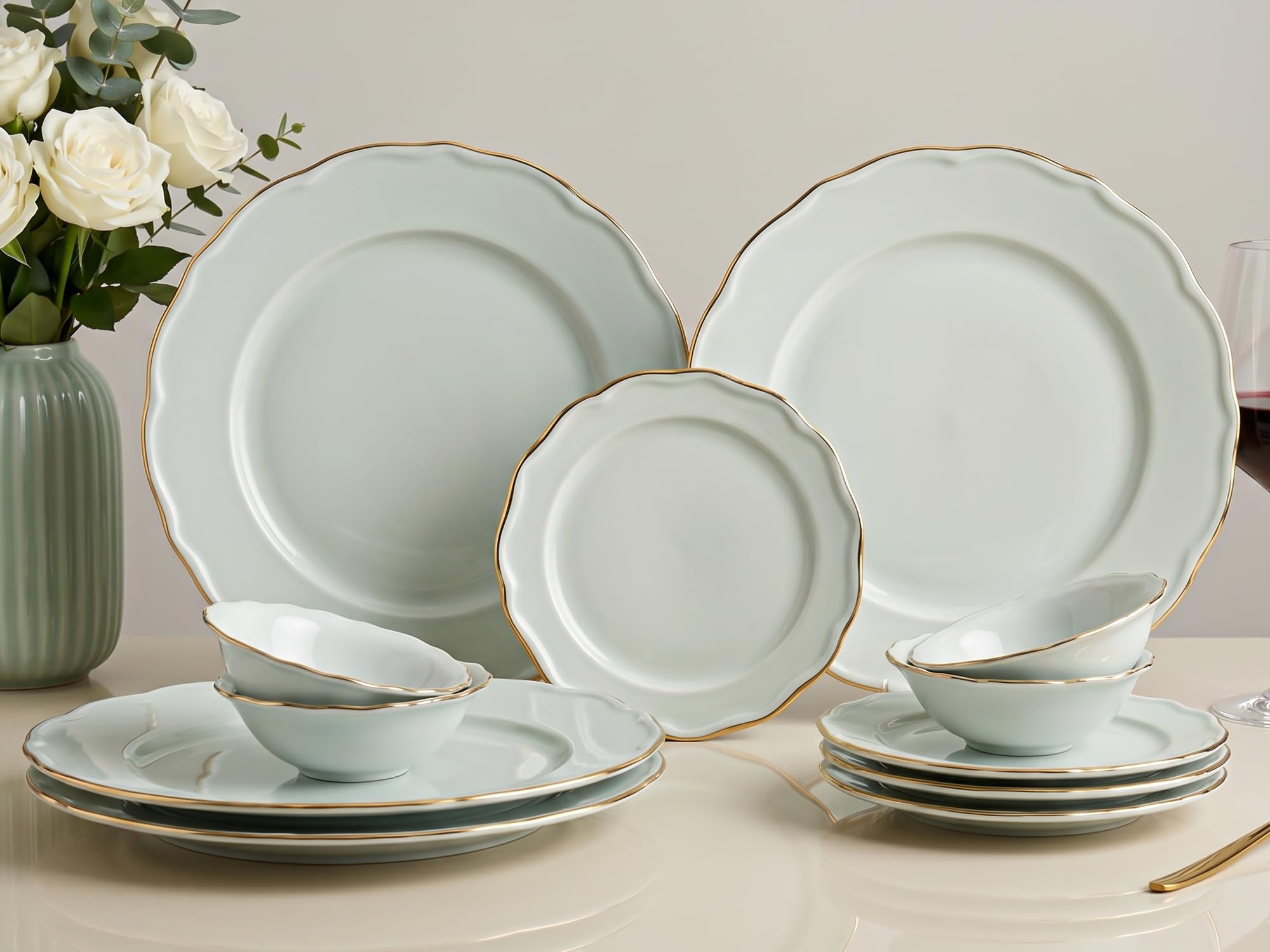 Bodhi House 12-Piece Gold Rim Porcelain Dinner Set | Plates & Bowls Set | Lightweight, Chip Resistant, | Dishwasher Safe | Ideal for Home Dining & Gifting Tableware Set | White