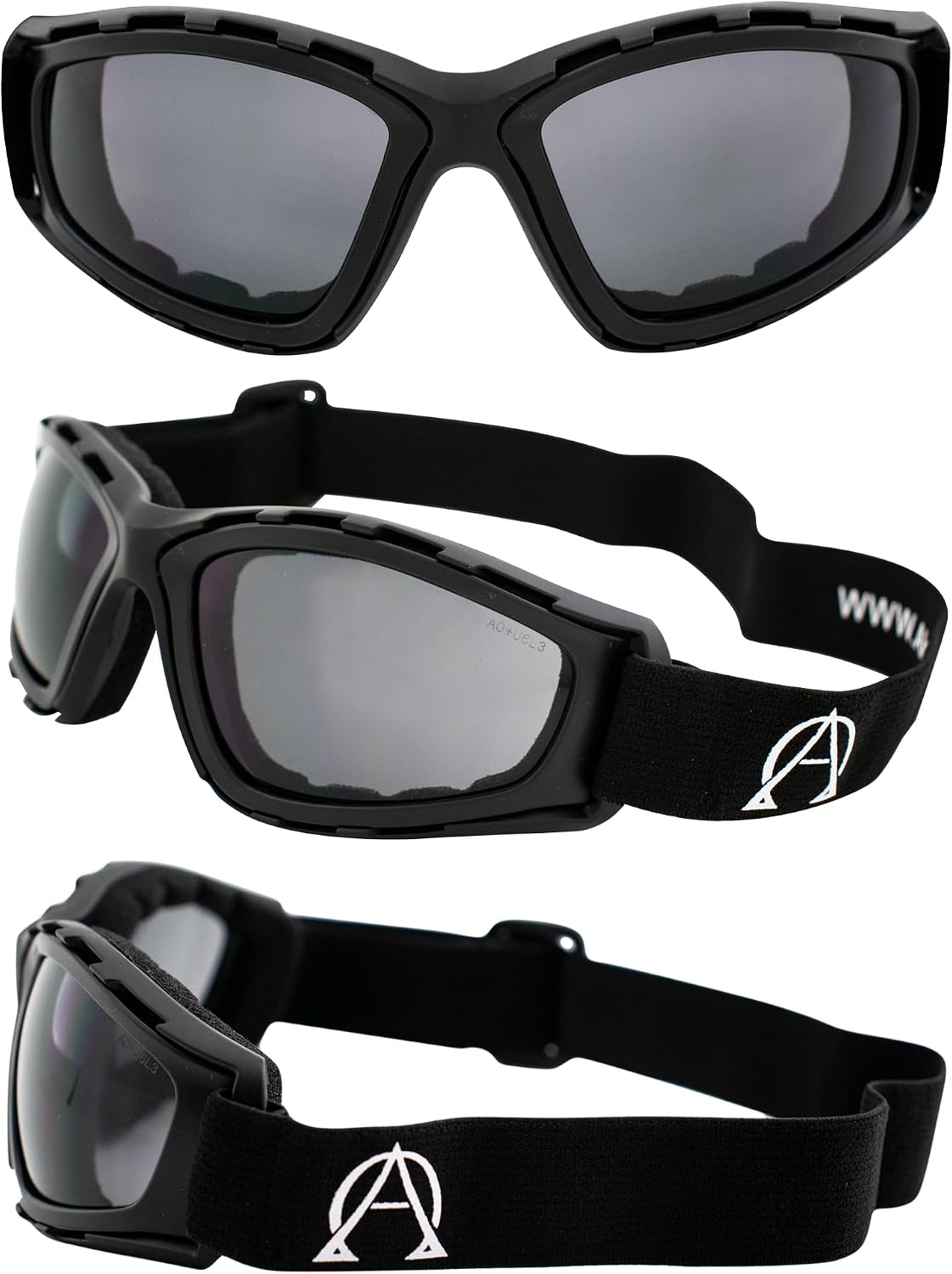 Alpha Omega Sports & Motorcycle Safety Riding Goggles Z87.1 Wraparound Padded Black Frame w/Smoke Lens