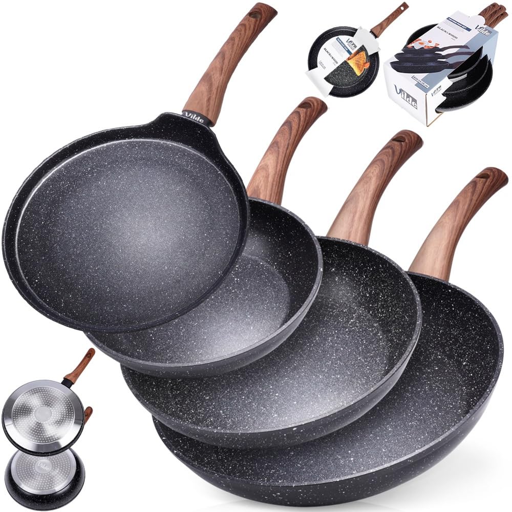 Vilde Zestaw patelni z powłoką granitową 20/24/28 cm + patelnia do naleśników 24 cm BLACK&WOOD 4 szt.