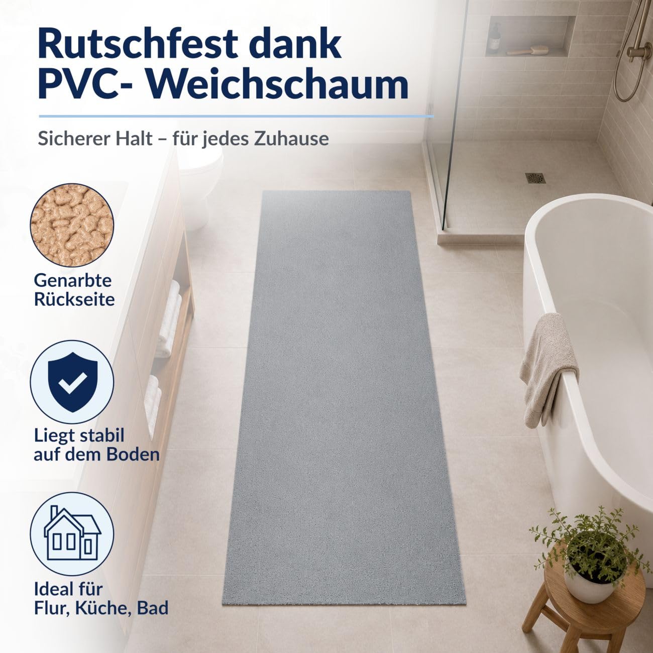 ANRO Badezimmerteppich Badematte rutschfest Badteppich Badvorleger wasserdicht Teppich Bad Mikrofaser flauschig Hellgrau [Größe] Grau 90 x 280 cm