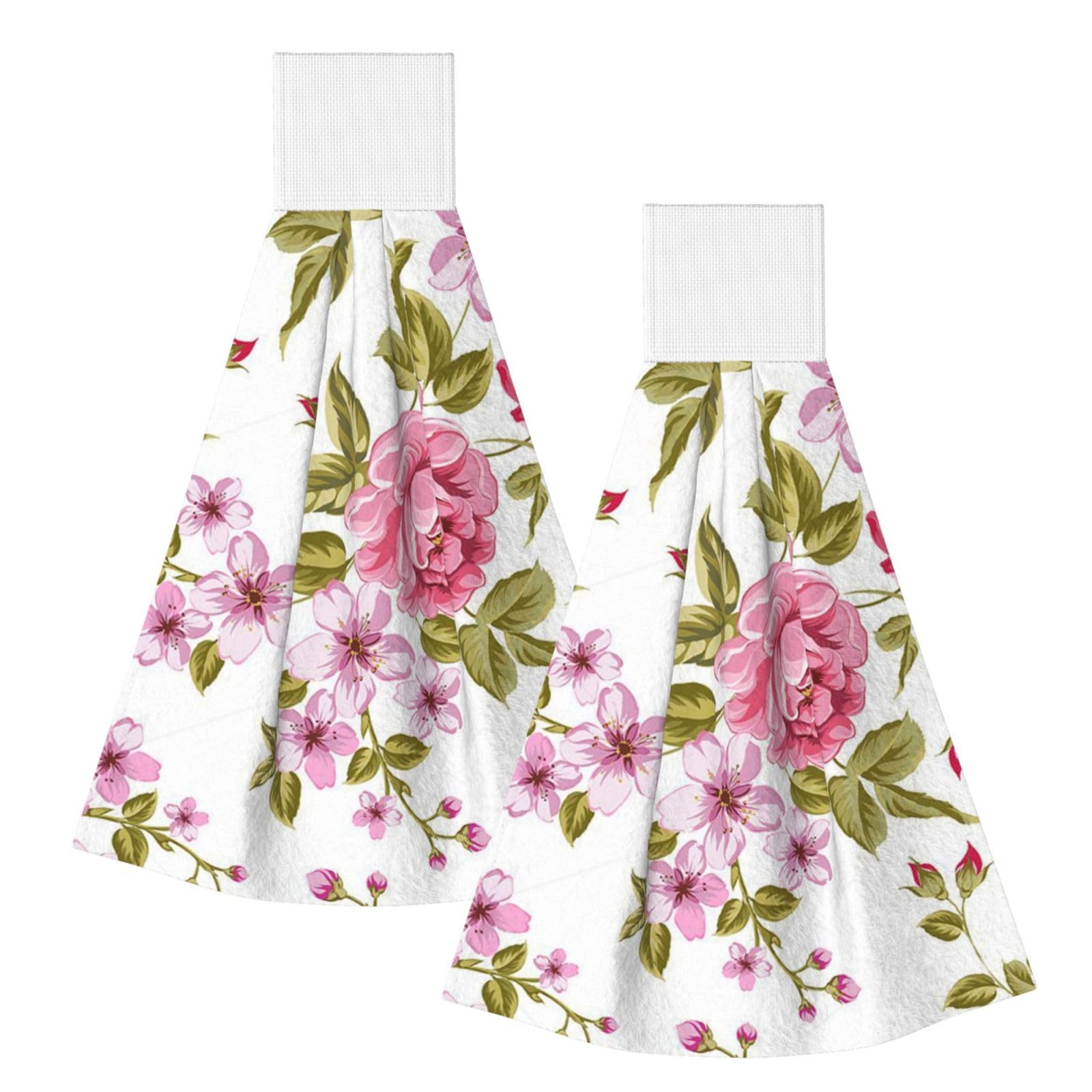 DOPKLNA Straw Pink Peonies, 2 Pcs Hanging Coral Fiber Hand Towels for Bathroom, Absorbent Kitchen Towels