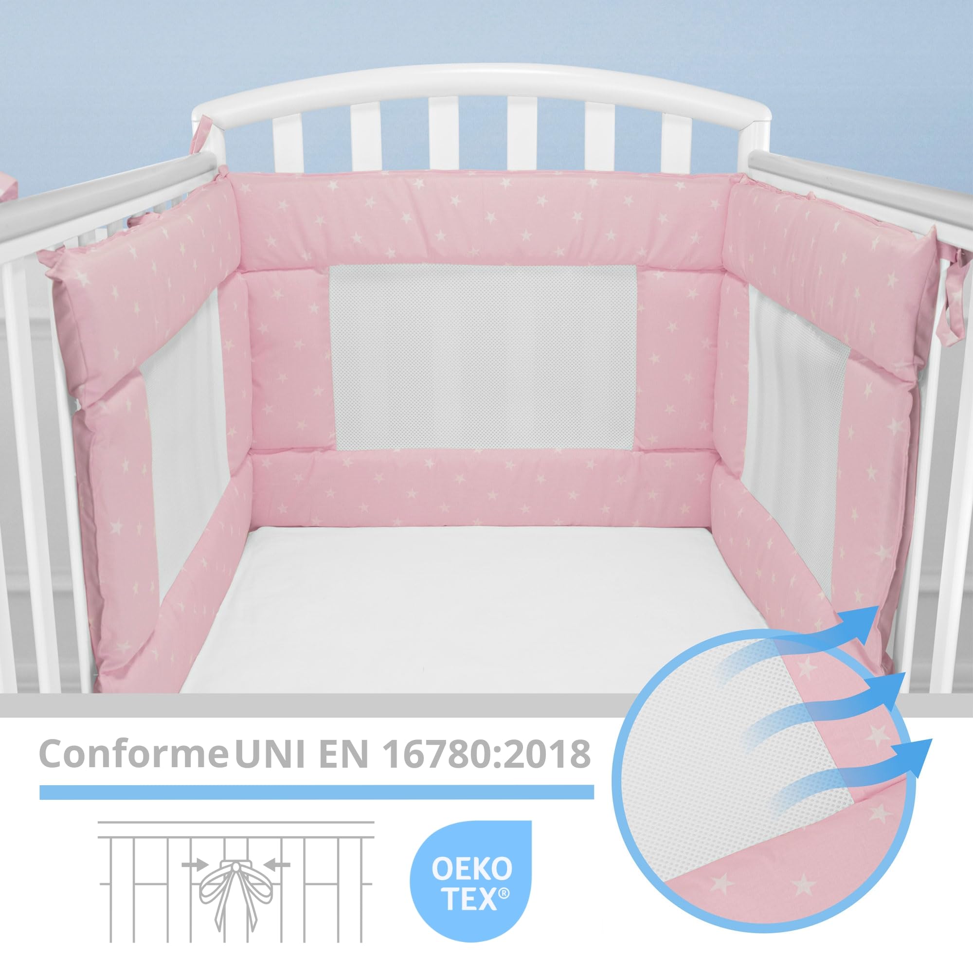 Babysanity - Tour de Lit Bébé équipée du Système Baby Air Mesh - Le Tour de Lit Respirant Souple et Solide Assure à l'enfant Un Environnement Sûr pour Dormir (Etoiles Roses)