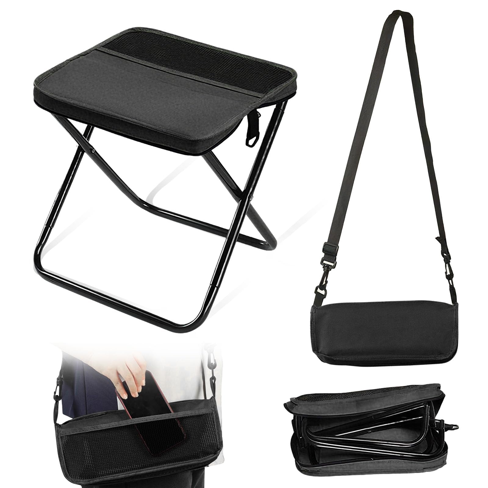 nnOuOnn Portable Foldable Backpack Stool for Camping, Small Folding Chair for adults, Lightweight Mini Pocket Fold Up Telescopic Stools for Fishing Travel Hiking Garden (Black, Small)