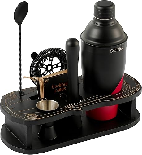 Kit de camarero con soporte para coctelera, juego de bar con todas las herramientas de accesorios, jigger, cuchara mezcladora, colador, vertedor de