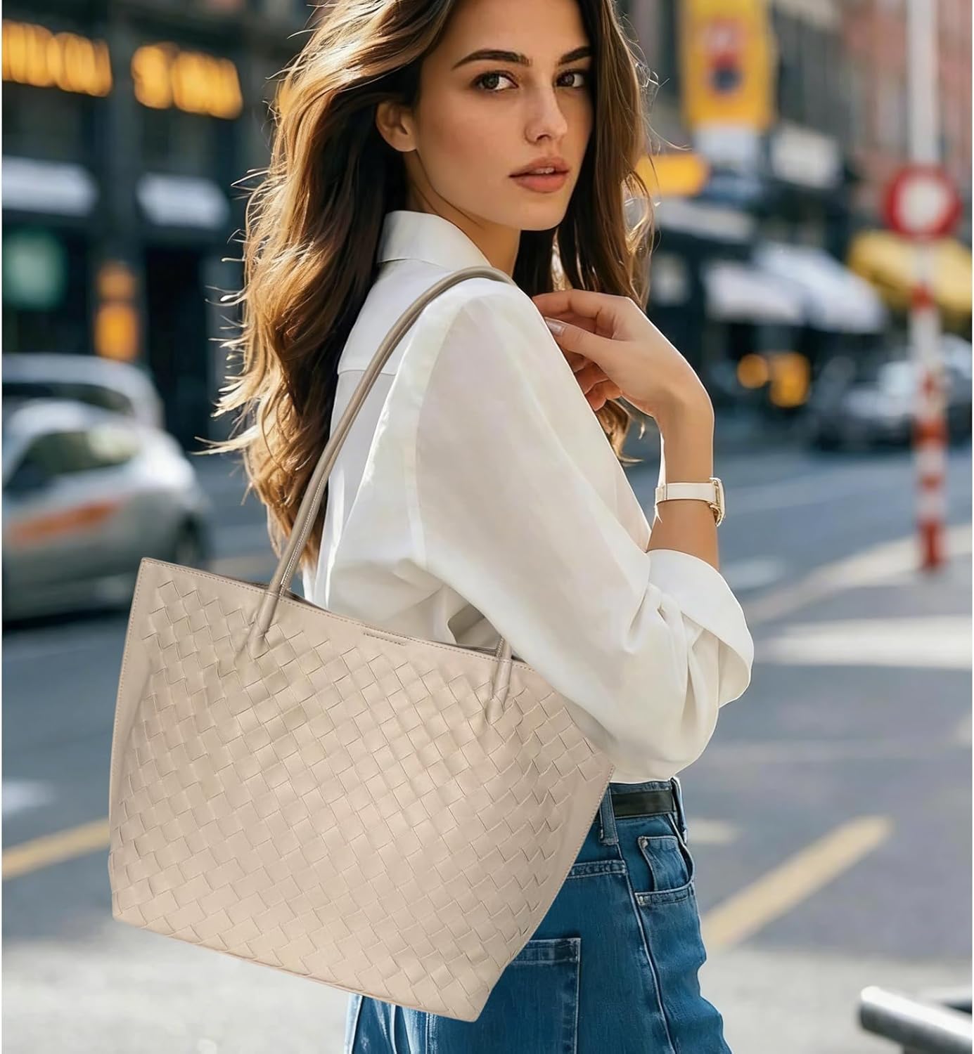 Woven Leather Tote Bag for Women - Large Capacity Shoulder Handbag with Matching Pouch, Stylish - Image 6