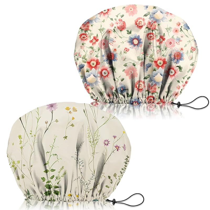 Touca de banho ajustável e reutilizável Zewurtuw com camada dupla, estampa Floral, pacote com 2