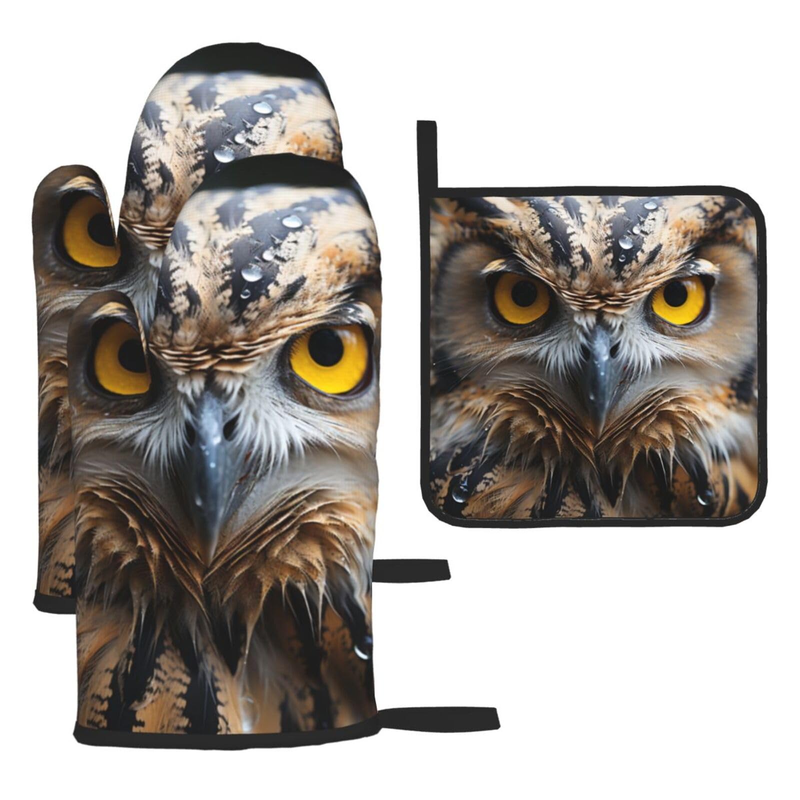 Oven Mitts and Pot Holders Sets of 3 Heat Resistant Kitchen Gloves Snowy Owl Eyes Oven Mitts BBQ Gloves Oven Gloves and Hot Pads Non-Slip Potholders for Kitchen Baking Cooking