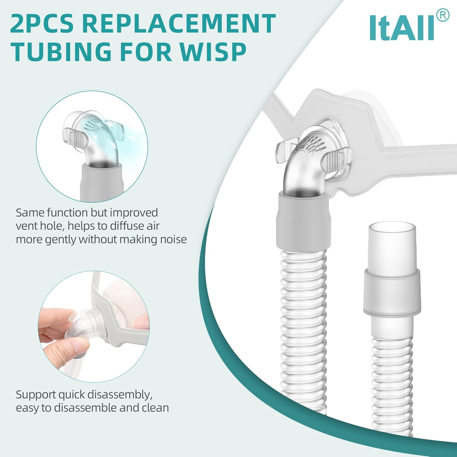 2PCs Replacement Tube for Respironics Wisp, FSA HSA Eligible, Short Tube with Improved Quick Release & Swivel Design, Added Flexibility & Lower Noise，ItAll Supplies for CPAP Users