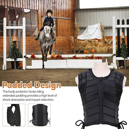 Miniatura 4 de Chaleco de caballo ecuestre, unisex para niños, chaleco protector ecuestre acolchado de EVA para equitación, chaleco negro con cremallera, protector