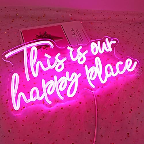 Miniatura 6 de Planzo Letrero de pared de neón con texto en inglés This is Our Happy Place para boda, fiesta, hogar, bar, decoración de dormitorio infantil, regalo