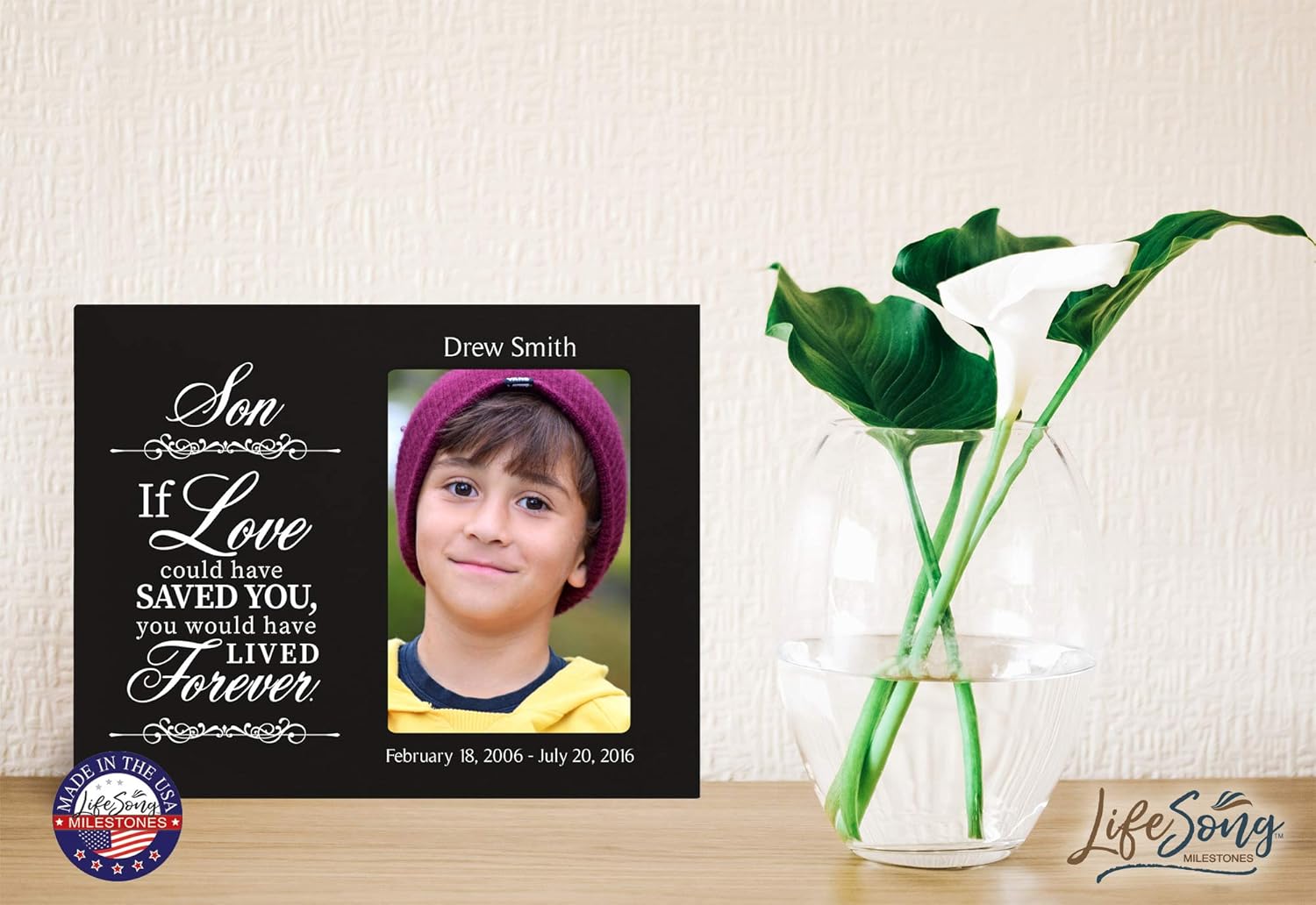 LifeSong Milestones Personalized Wooden Picture Frame for Loss of Loved One Holds 4x6 Photo Funeral Keepsake Son, If Love Could Bereavement Remembrance (Black)