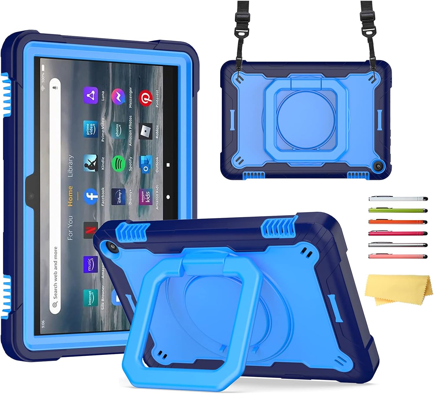 Case for Fire HD 8 & HD 8 Plus Tablet 2022 (ONLY Fit 12th Generation) with 360° Rotating Kickstand/Handle/Shoulder Strap Heavy Duty Drop Protection Shockproof Rugged Cover, Navy Blue + Blue