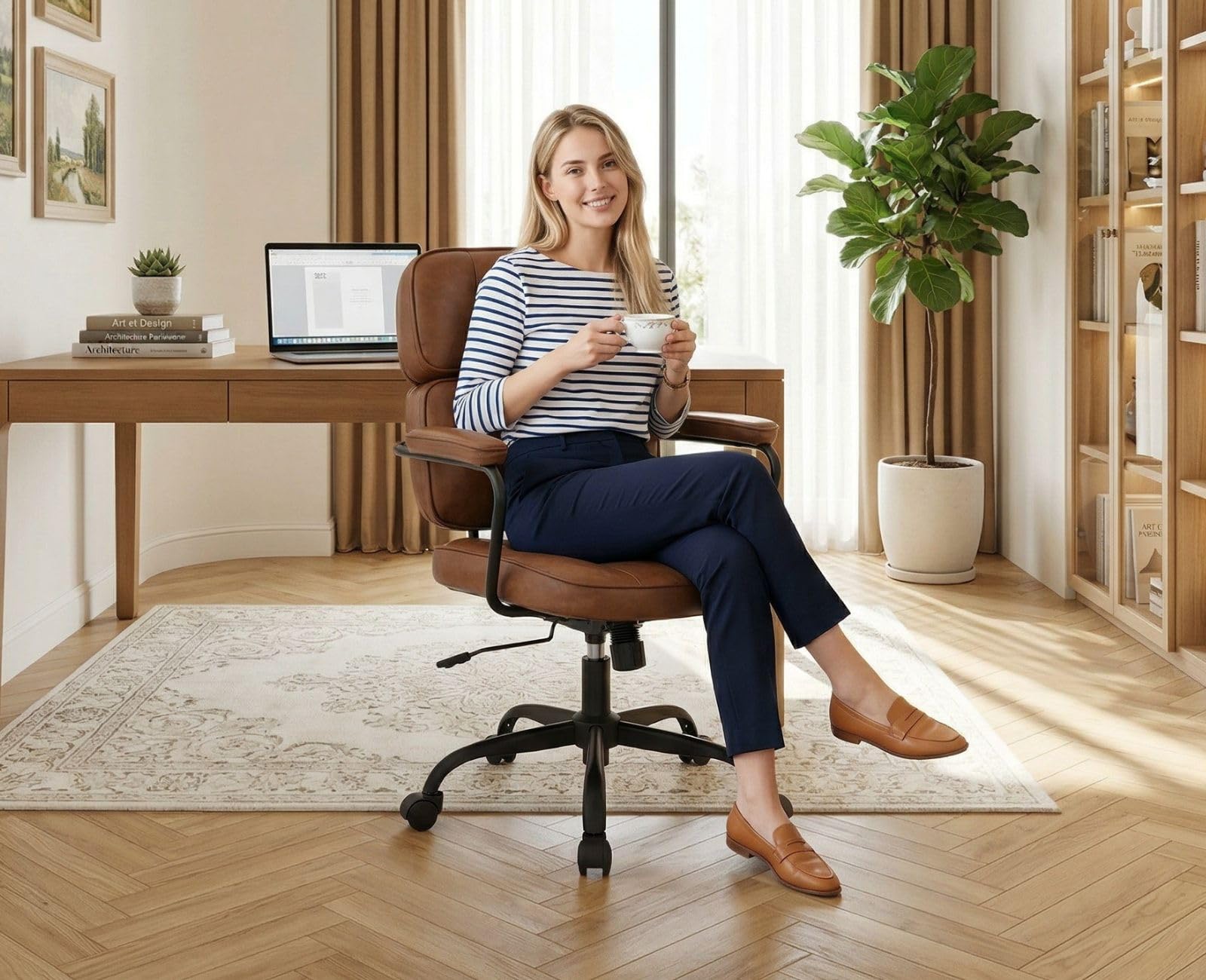 chairus Schreibtischstuhl Bürostuhl Ergonomisch PU Leder, Drehstuhl Braun | 360° Computerstuhl mit Armlehnen, Bürosessel Höhenverstellbarer für Arbeitszimmer Homeoffice Büro Wohnzimmer Schlafzimmer