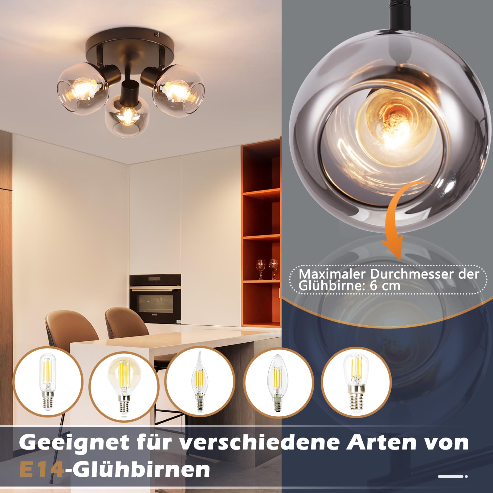 CBJKTX Deckenstrahler 3 Flammig Deckenspots Schwarz - 350° Schwenkbar E14 Spots Glas Strahler Rauchgrau Modern küchenlampe für Flur Küche Wohnzimmer（Ohne Lichtquelle）