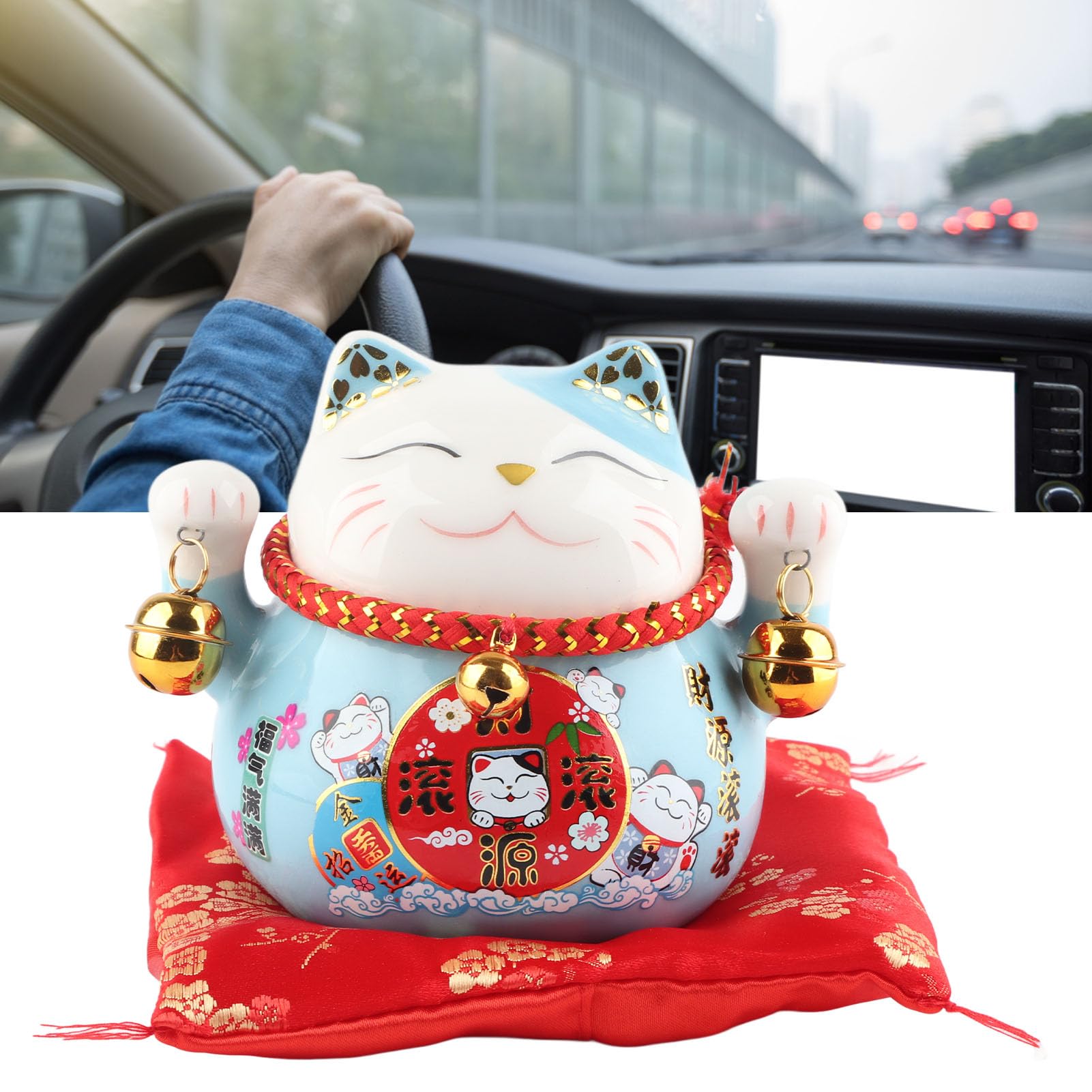 Gatto Maneki Neko, Salvadanaio per Gatti Portafortuna, Salvadanaio in Ceramica da 4,5 Pollici con Campane, Oggetto Kawaii Deco, Lucky Cat Porcellana, Gatto cinese Asia Decorazione, Fortuna(Gatto Blu)