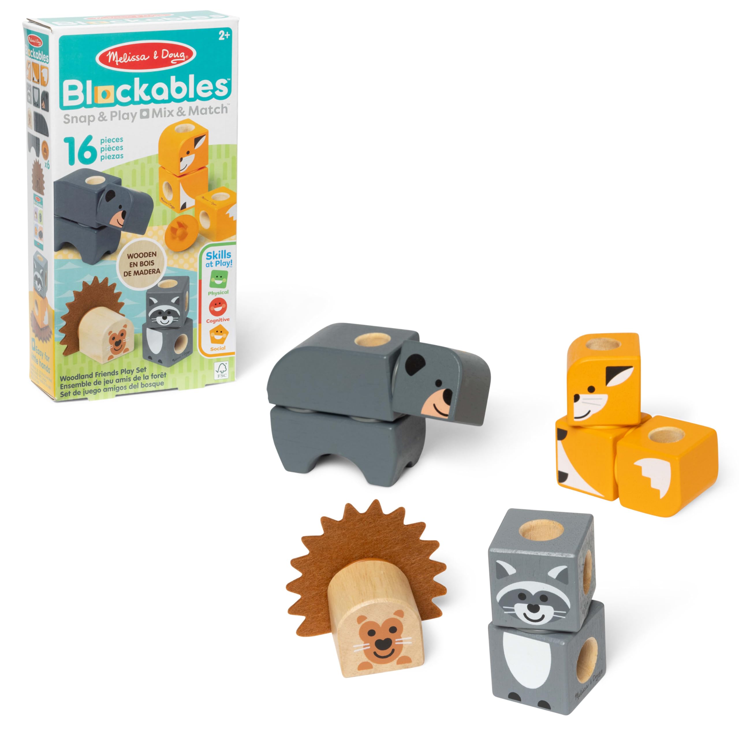 Melissa & Doug - Blockables Waldtierfreunde Bauset - 16-teiliges Set mit 9 Holzbausteinen, Steckverbindungen und Filzteilen zum Bauen von 4 Waldtieren, für Kinder ab 2 Jahren