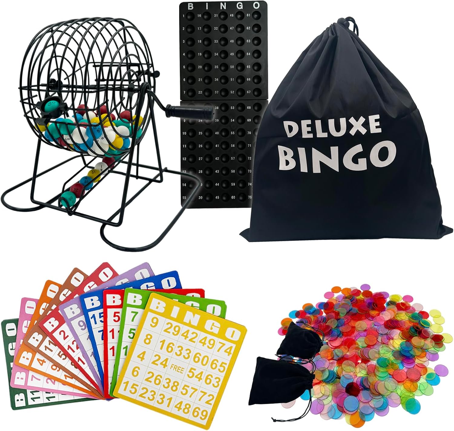SUTIMSHE Deluxe Bingo Game Set-Includes Metal Cage with Big Bag,1000 Mixed Color Plastic Chips,100 Large Cards,75 Bingo Balls,Plastic Masterboard, 2 Velvet Bag,Ideal for Large Group and Parties