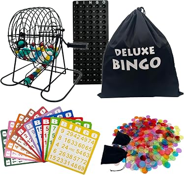 SUTIMSHE Deluxe Bingo Game Set-Includes Metal Cage with Big Bag,1000 Mixed Color Plastic Chips,100 Large Cards,75 Bingo Balls,Plastic Masterboard, 2 Velvet Bag,Ideal for Large Group and Parties