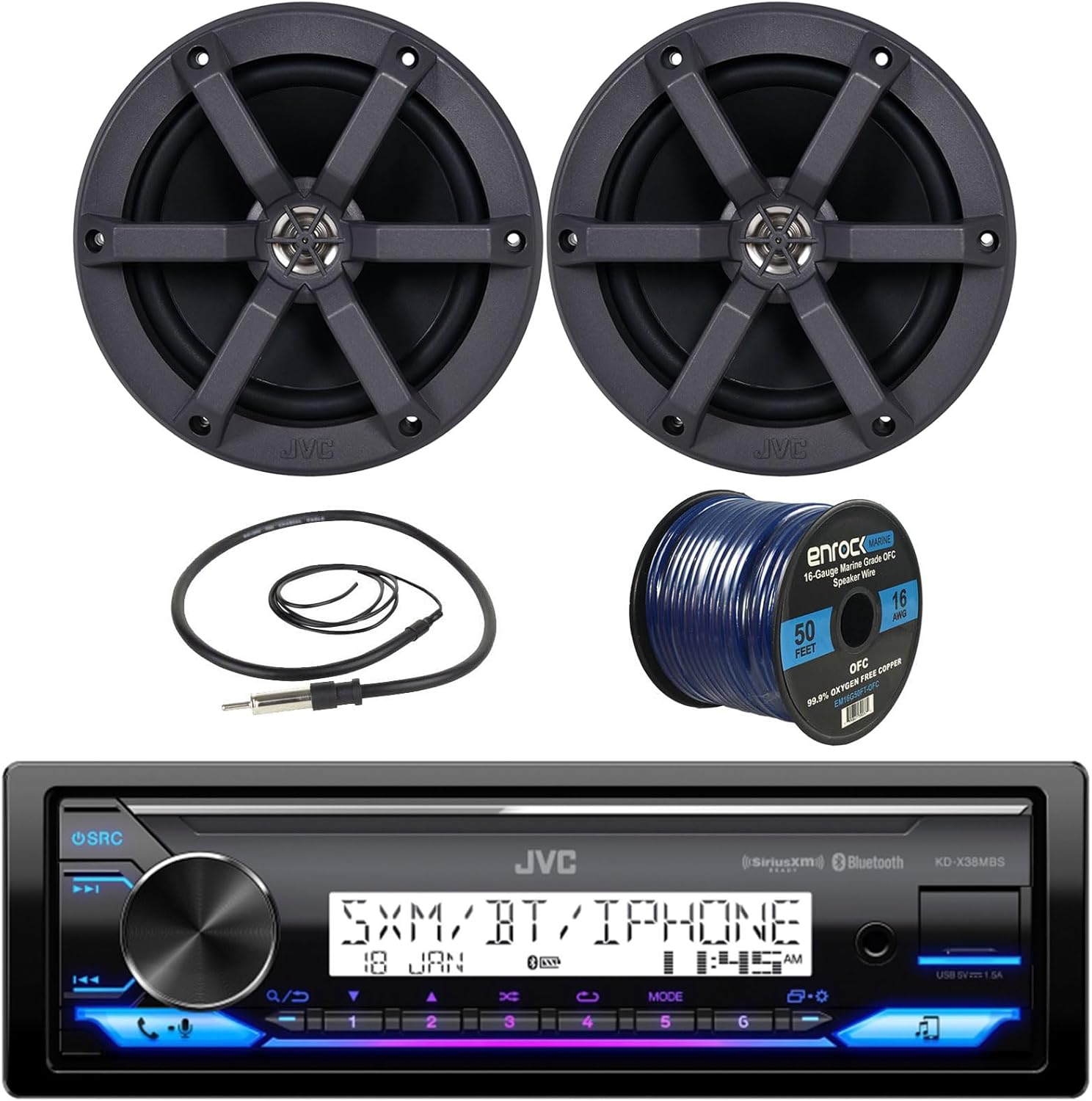 Single DIN Marine Bluetooth AM/FM Stereo Receiver with 2X 6.5 100 Watt 2-Way Speakers, Radio Antenna and 16 Gauge 50-Ft Wire