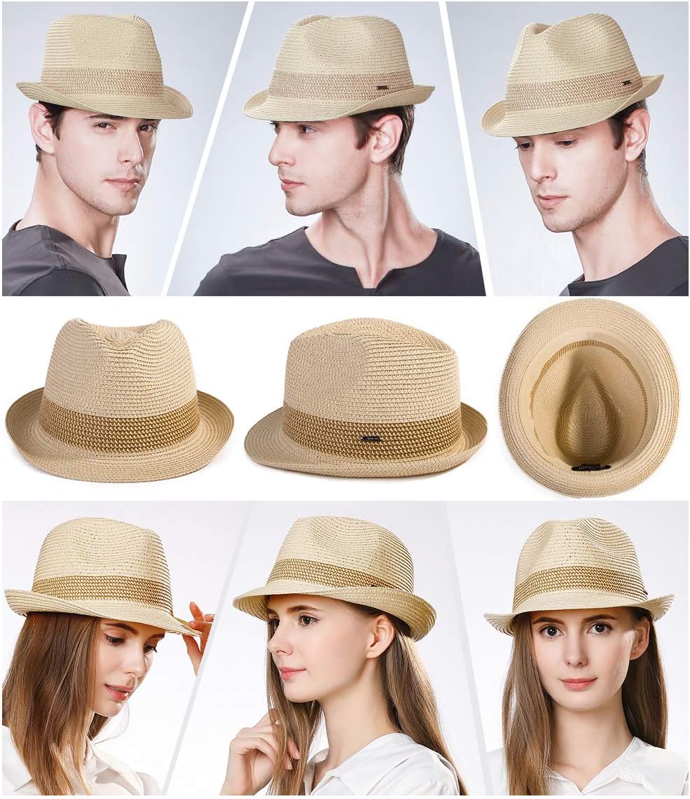 Fancet Packable Straw Fedora Panama Sun Summer Beach Hat Cuban Trilby Men Women 56-67cm - Image 4